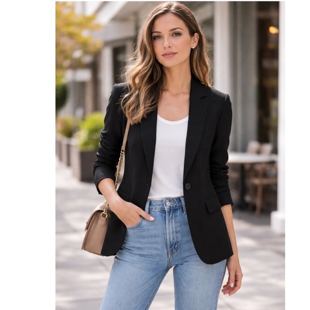 J. Crew 365 Black One Button Tailored Blazer Jacket Sz 14 Career Work Classic